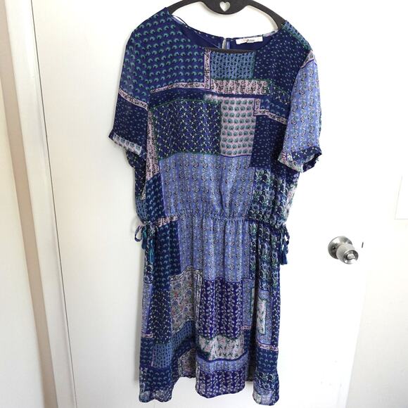 Esprit Patchwork Blue Dress Multi Print Cottage Retro Boho Size 10 Short Sleeve - Picture 1 of 12